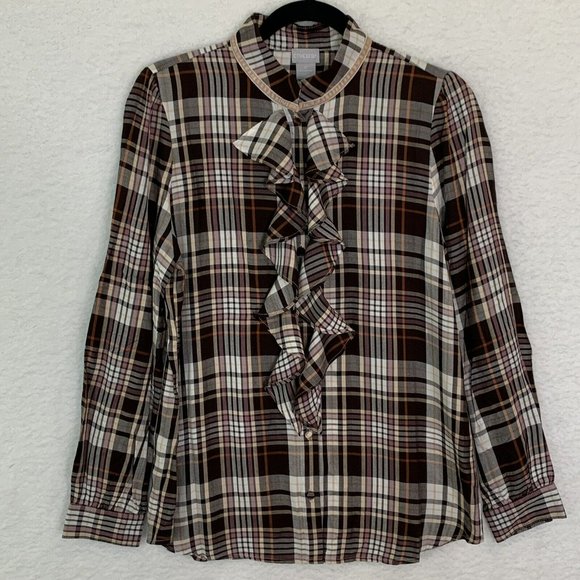 NWT Chico's 0 Women's Small 4/6 Brown Plaid Ruffle Button Up Long Sleeve Shirt - Picture 1 of 8